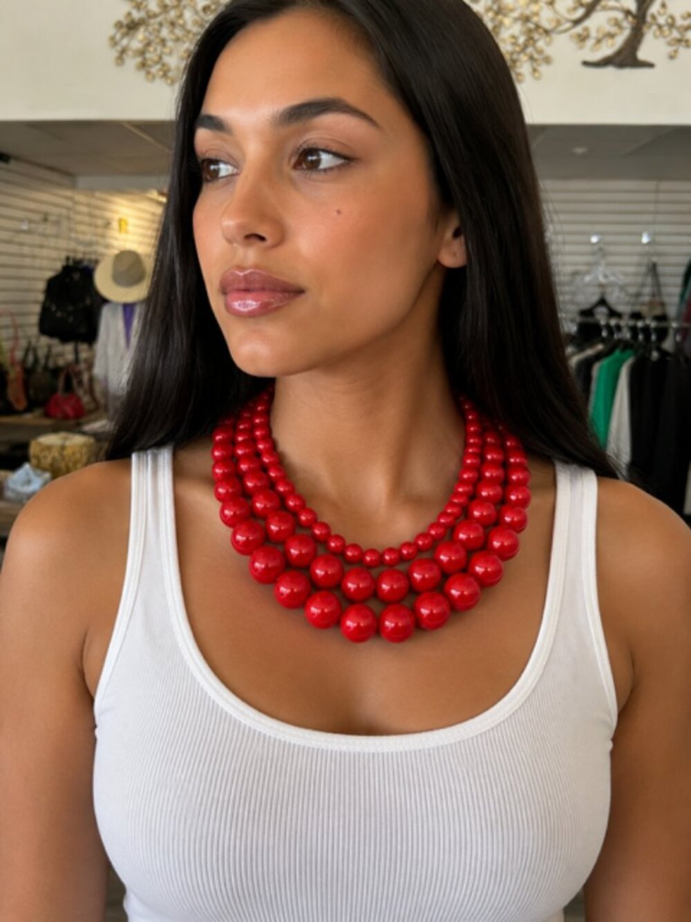 Bold Red Triple-Strand Beaded Statement Necklace
